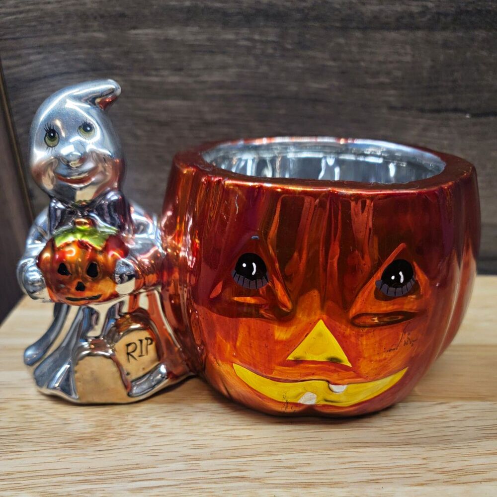 Jack-o'-Lantern Pumpkin Ceramic Tea Light Holder, Ghost